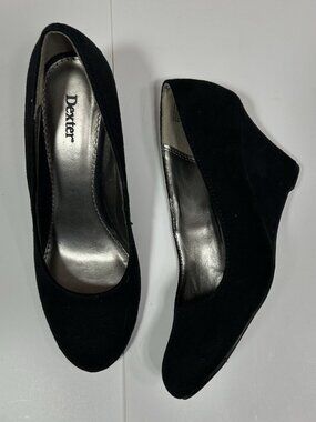 DEXTER Women Black Faux Suede Wedge Heel Slip On Shoes Round Toe Preppy Sz 8